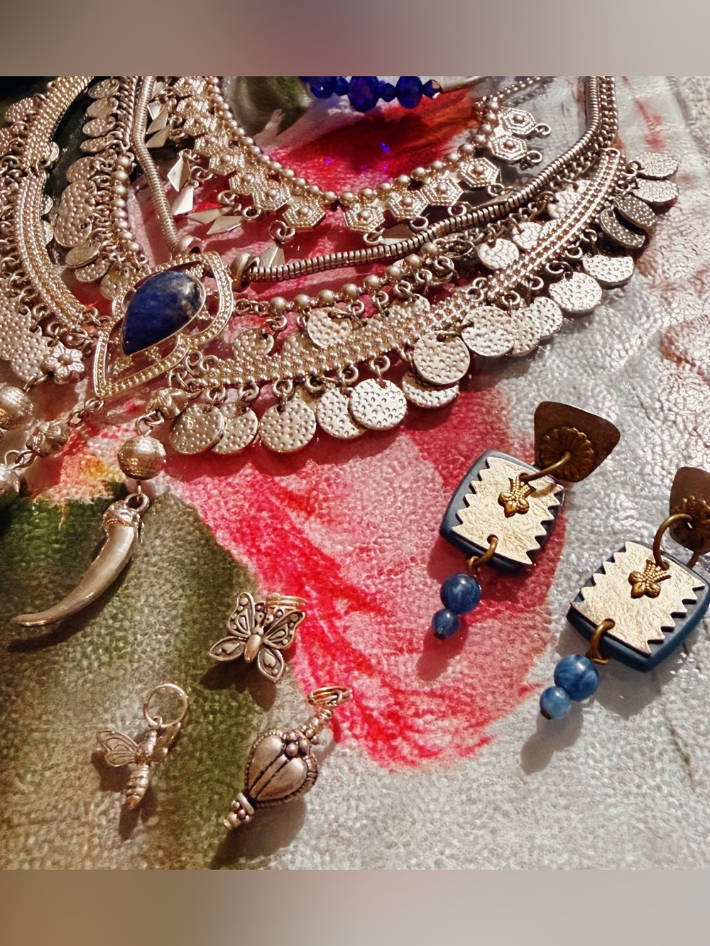 Silver-Tone Layered Coin Necklace with Blue Stone Accent Bundle